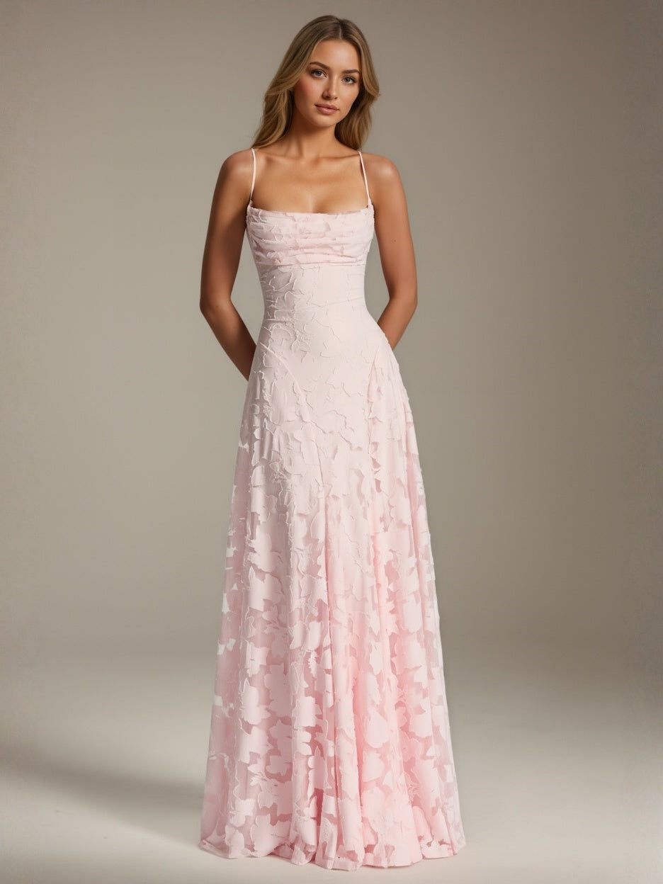 Ball Gown Square Neck Spaghetti Straps Sleeveless Floor-Length Floral Lace Tulle Plus Size Prom Dresses with Sequins