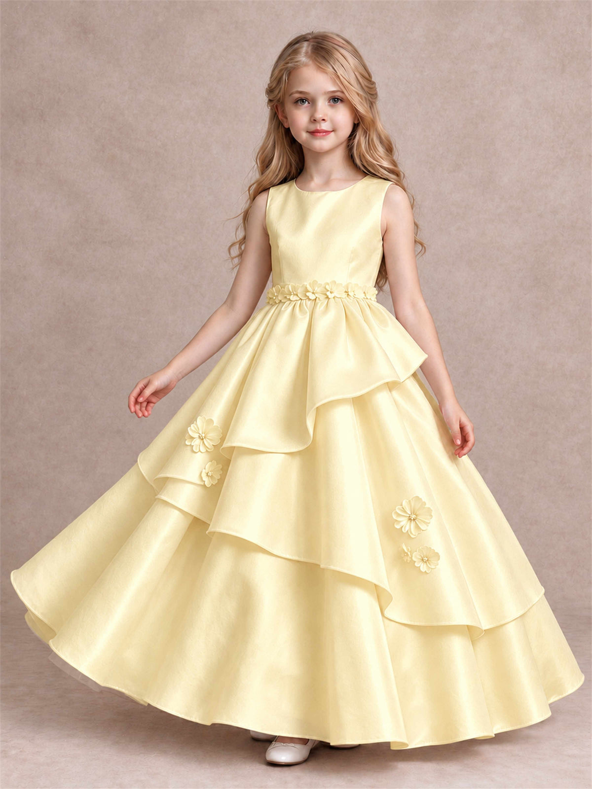3D Floral Ruffled Satin Flower Girl Dress Floor Length Princess Gown for Wedding First Communion