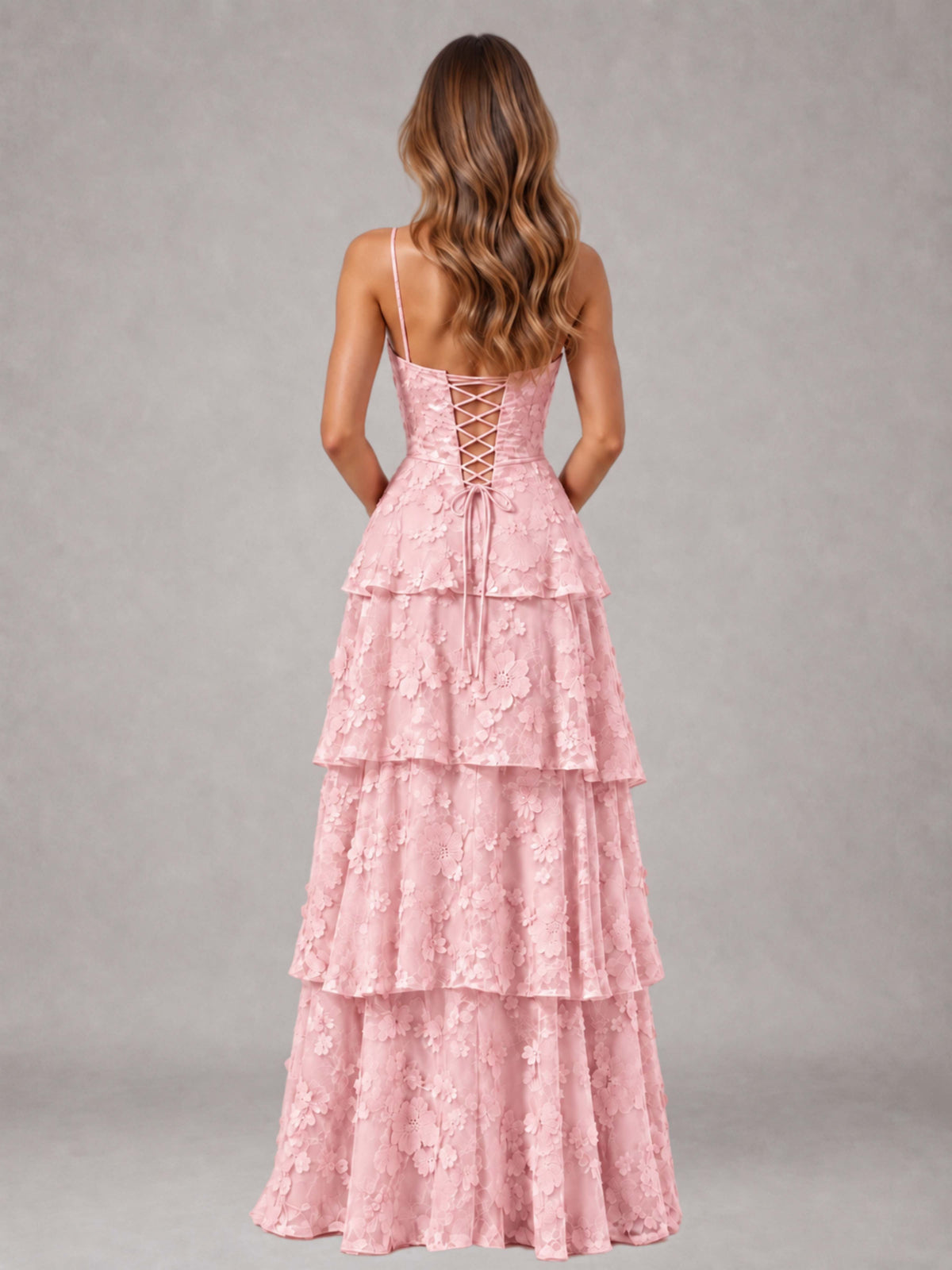 Free Shipping 3D Floral Spaghetti Straps Sweetheart Tiered Long Wedding Guest Dress