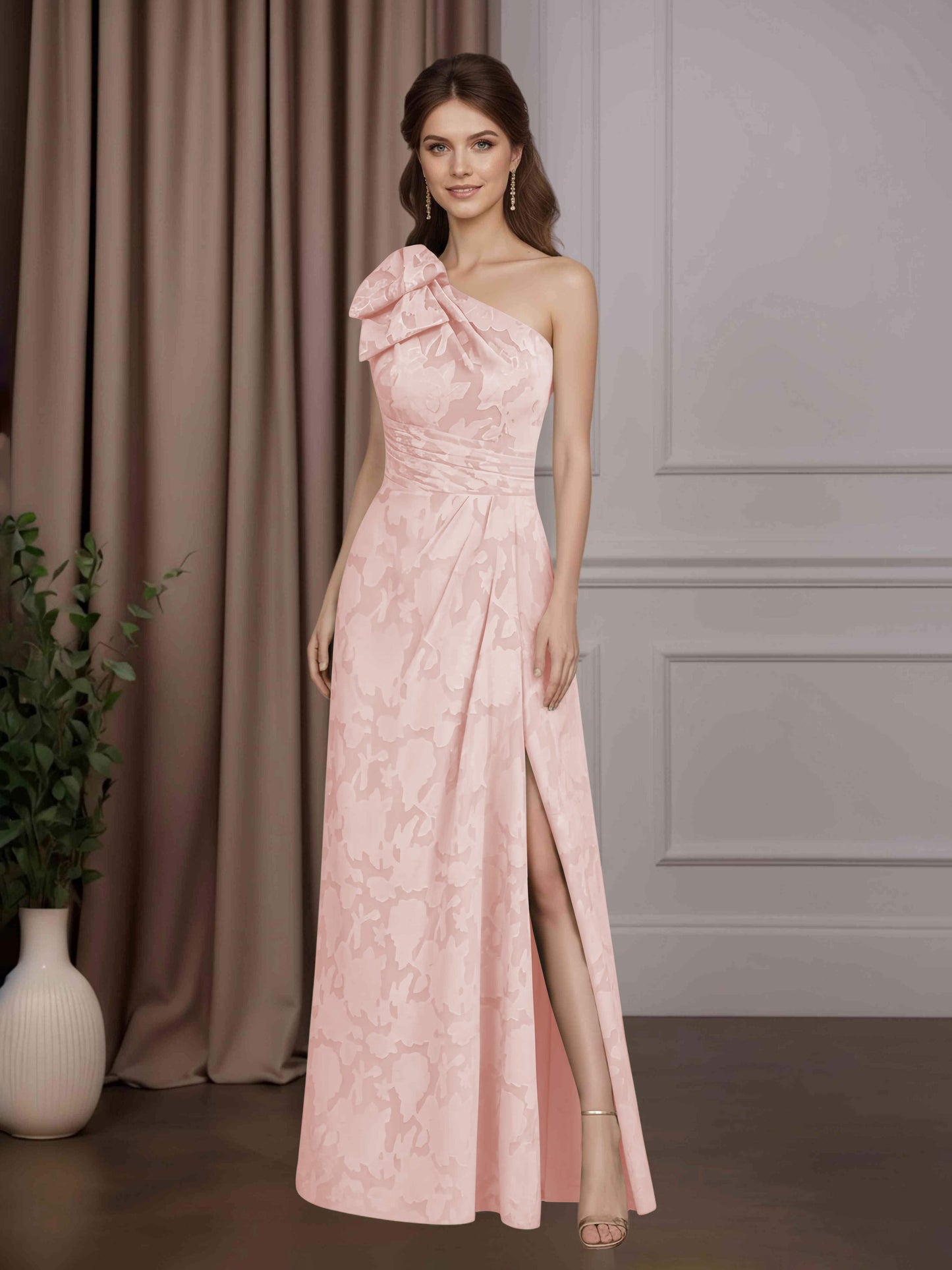 A-Line/Princess One-Shoulder Sleeveless Floor-Length Floral Lace Mother of the Bride Dresses with Ruffles & Bowknot