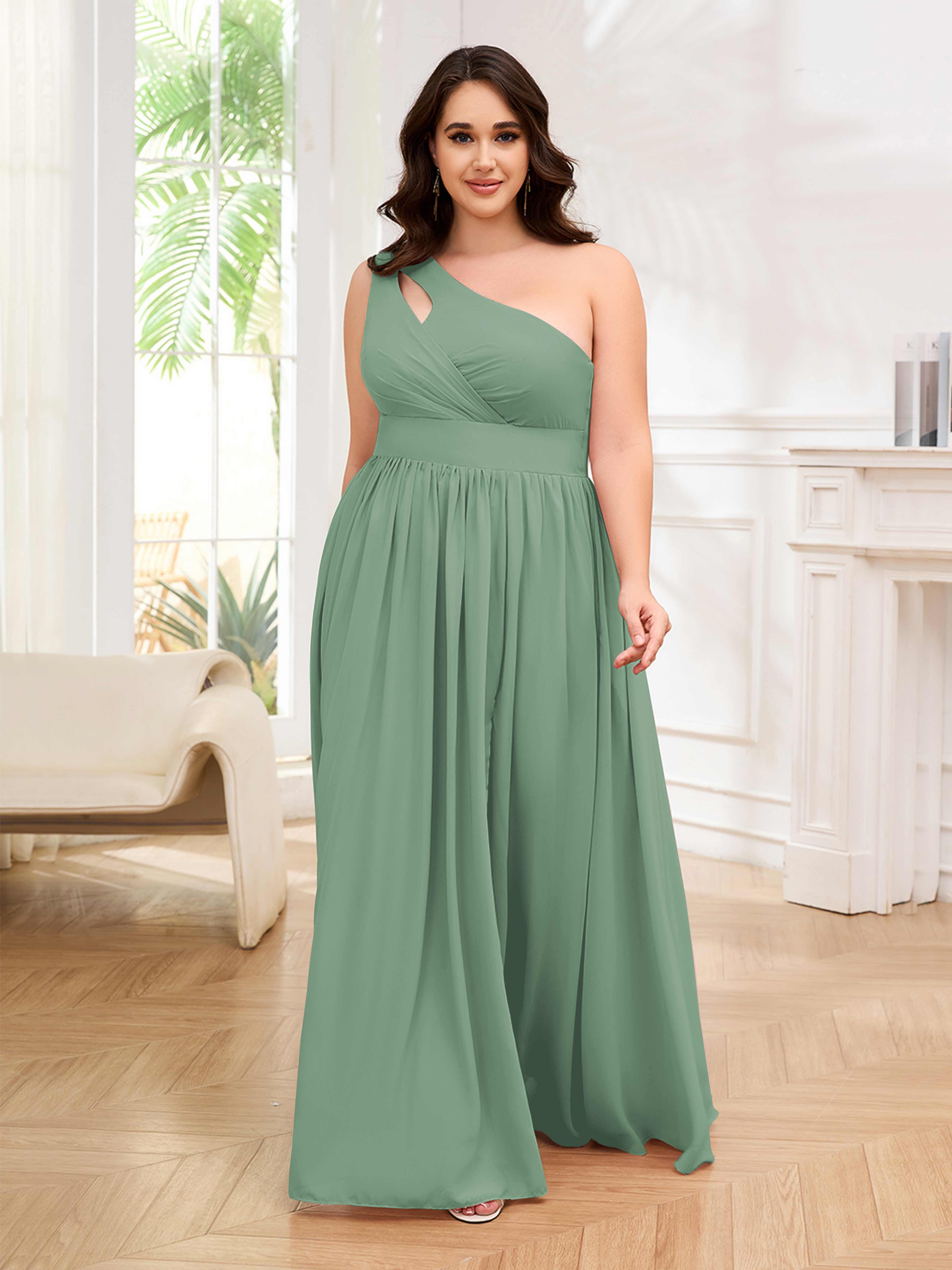 Alluring Sleeveless Ruched Slit Chiffon Plus Size Bridesmaid Dresses W –