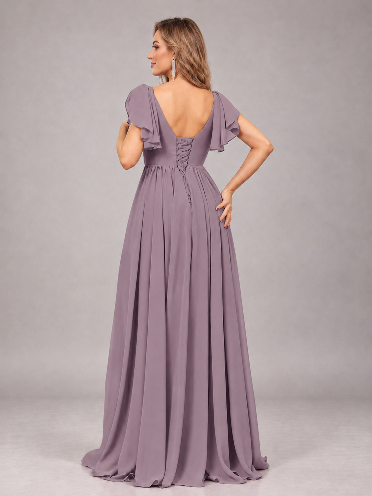 Wisteria Beautiful BridesmaidV-Neck Lace-Up Back Chiffon Bridesmaid Dress with Slit