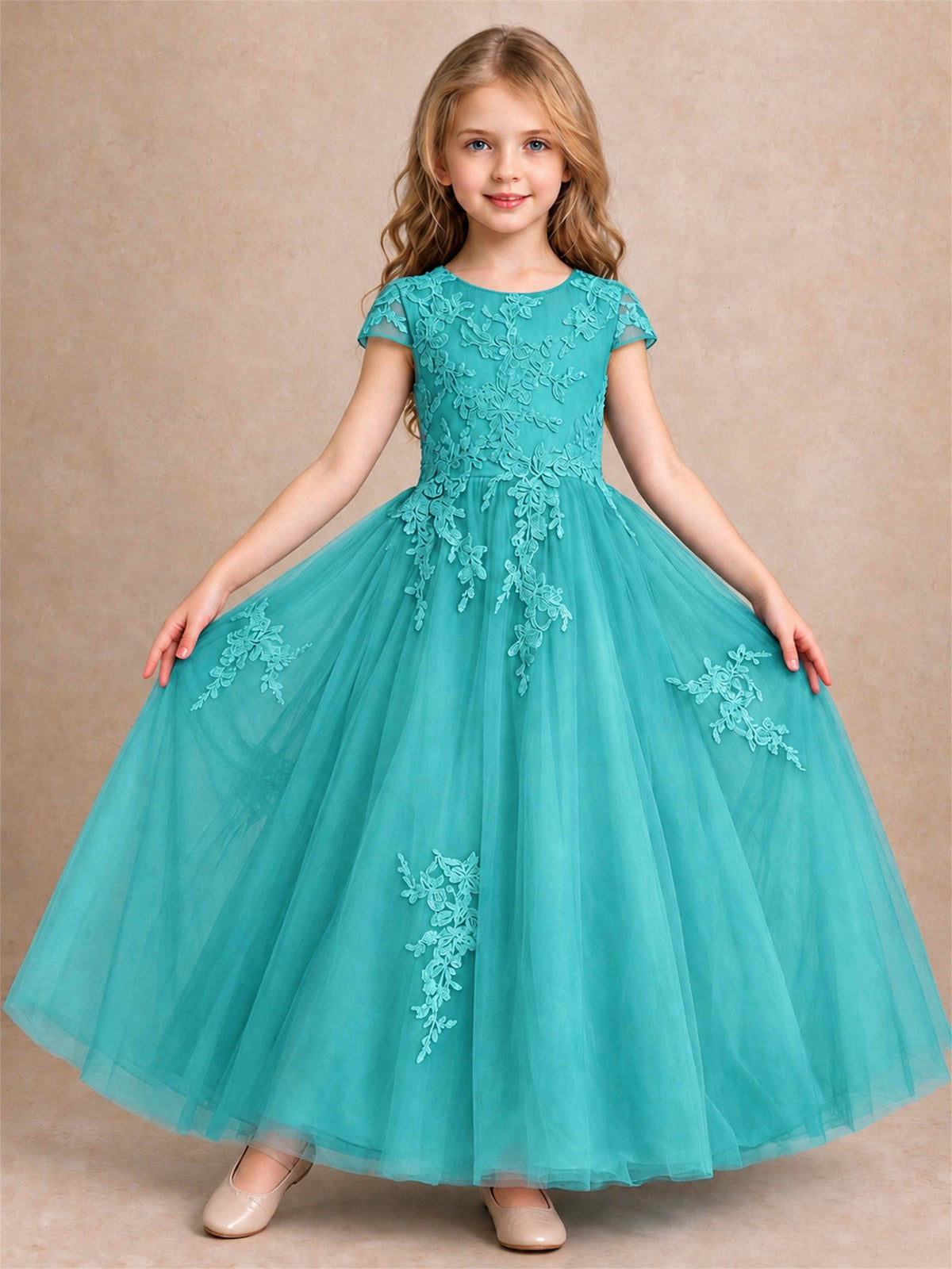 Cap Sleeve Lace Applique Tulle Flower Girl Dress Kids Wedding Party Princess Gown