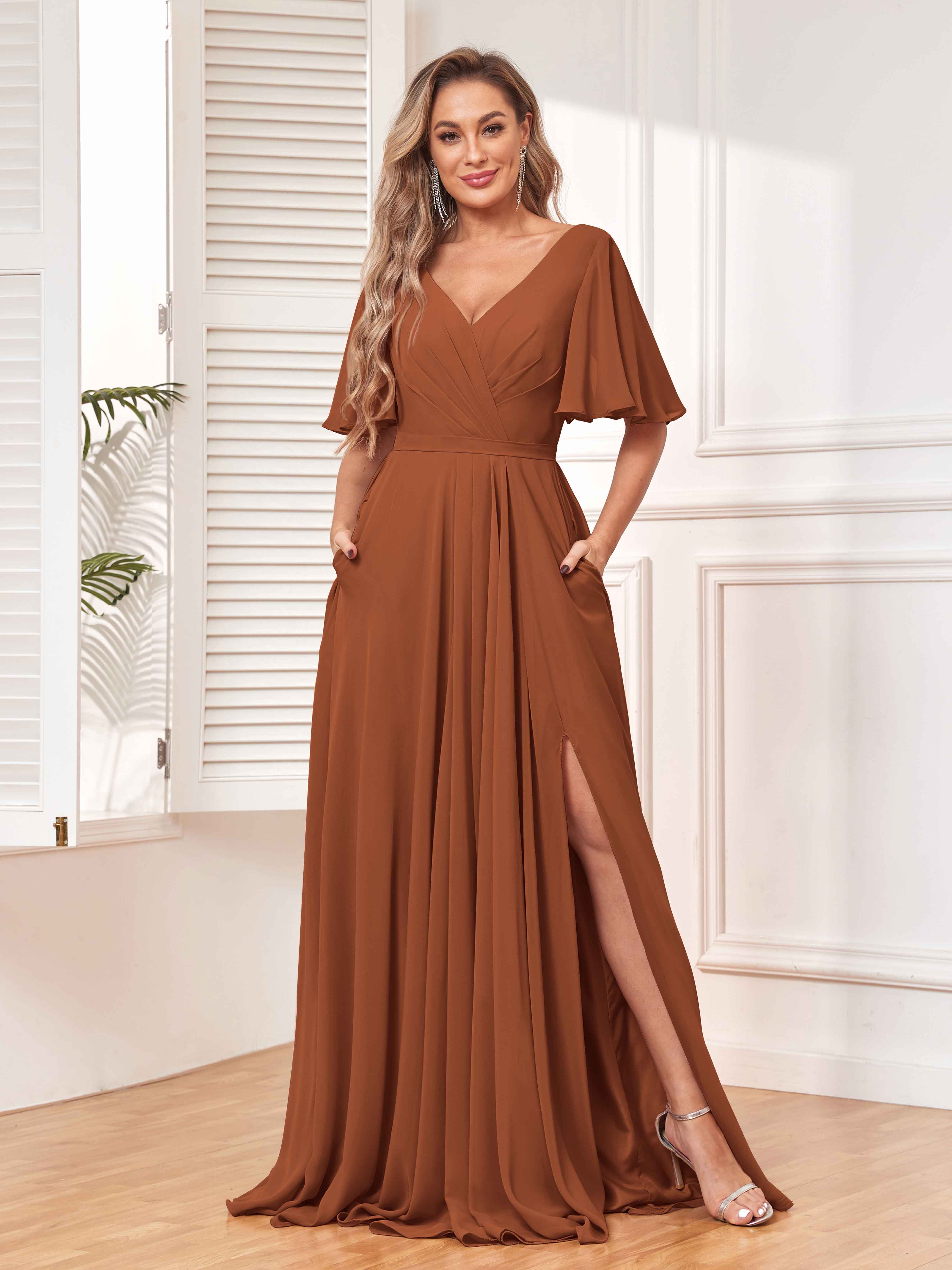 Chic Short Sleeves Ruched Chiffon Bridesmaid Dresses With Pockets mollyevers.com Chic Short Sleeves Ruched Chiffon Bridesmaid Dresses With Pockets mollyevers.com