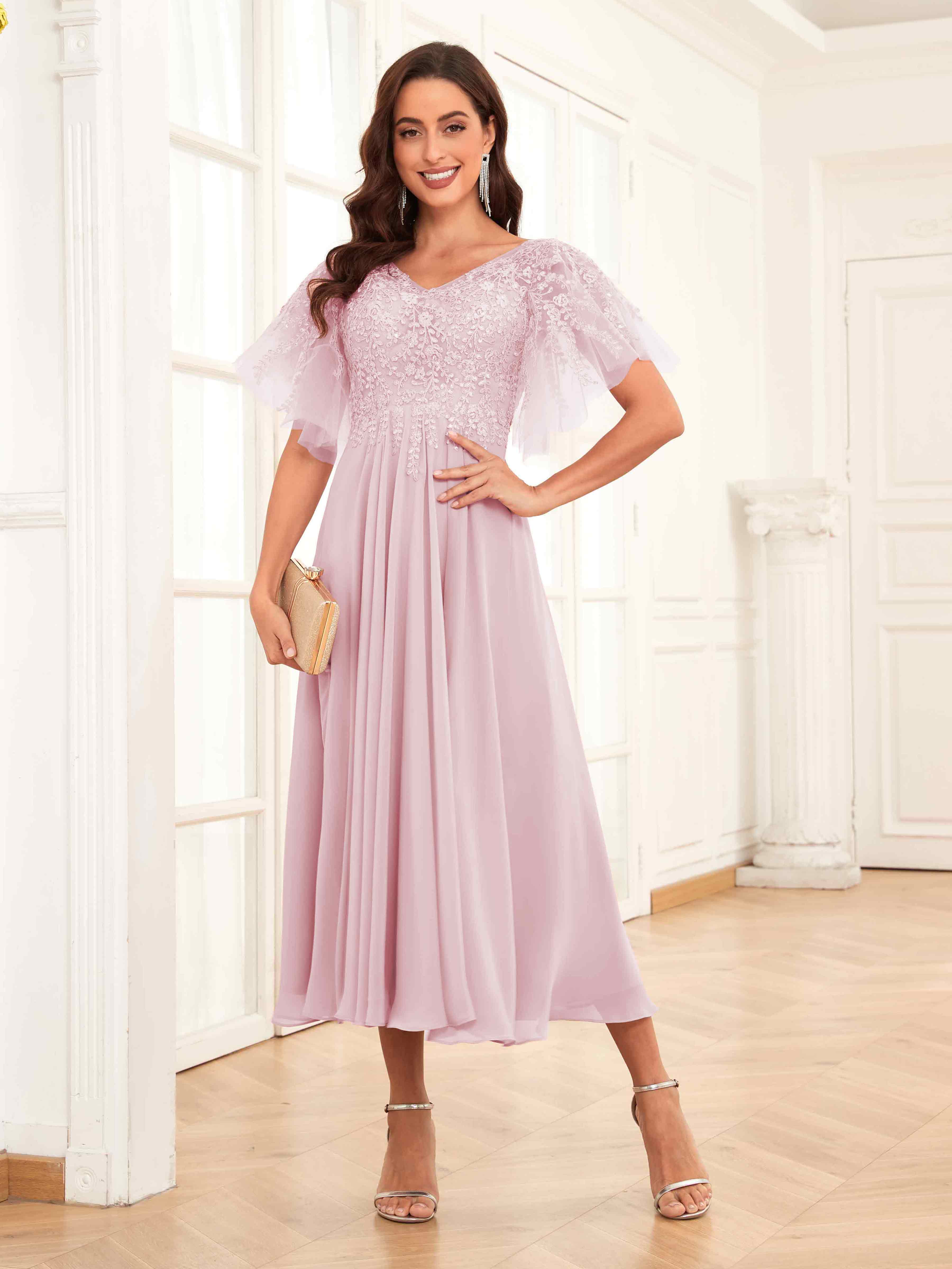 Nude Embellished Flounce Sleeve Tea Length Sequined Mother Of The Bride Dress