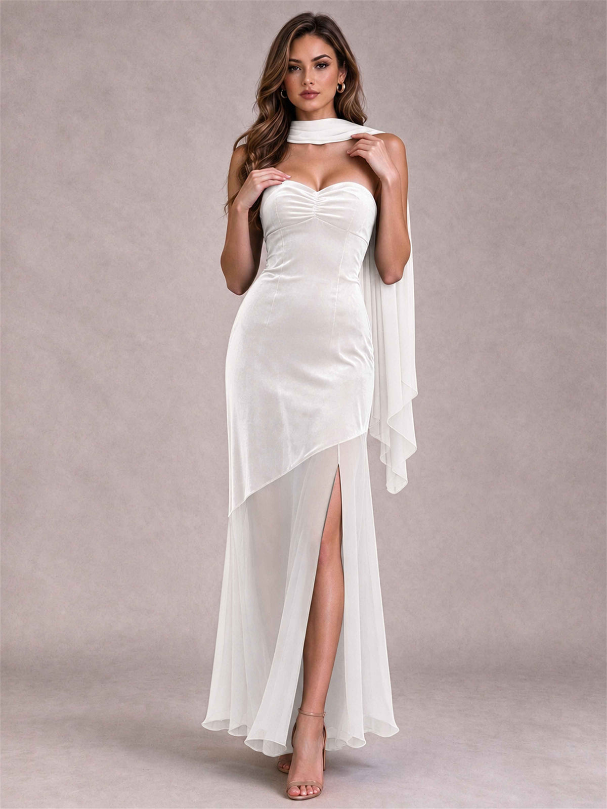 Elegant Strapless Mermaid Velvet Floor-Length Wedding Guest Dress with Scarf and Split Side