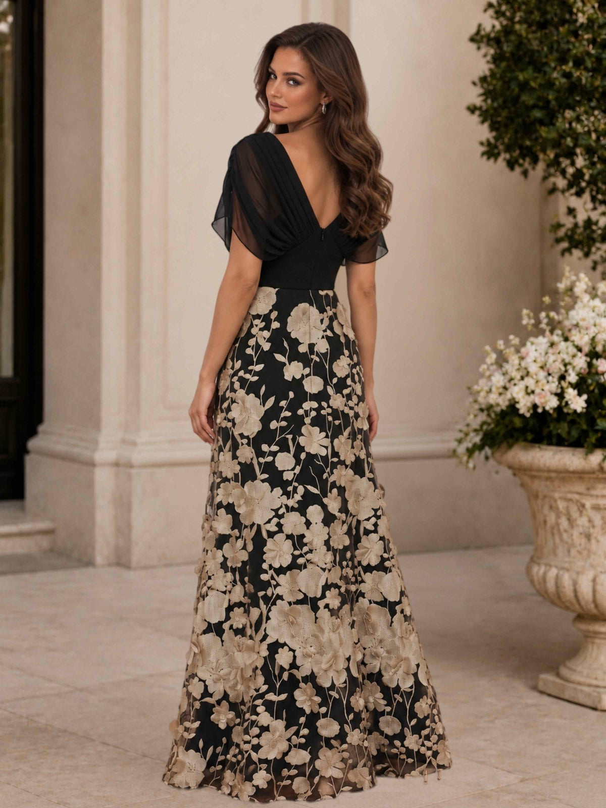 Free Shipping Elegant V-Neck A-Line 3D Floral Appliques Floor-Length Wedding Guest Dress with Flutter Sleeves