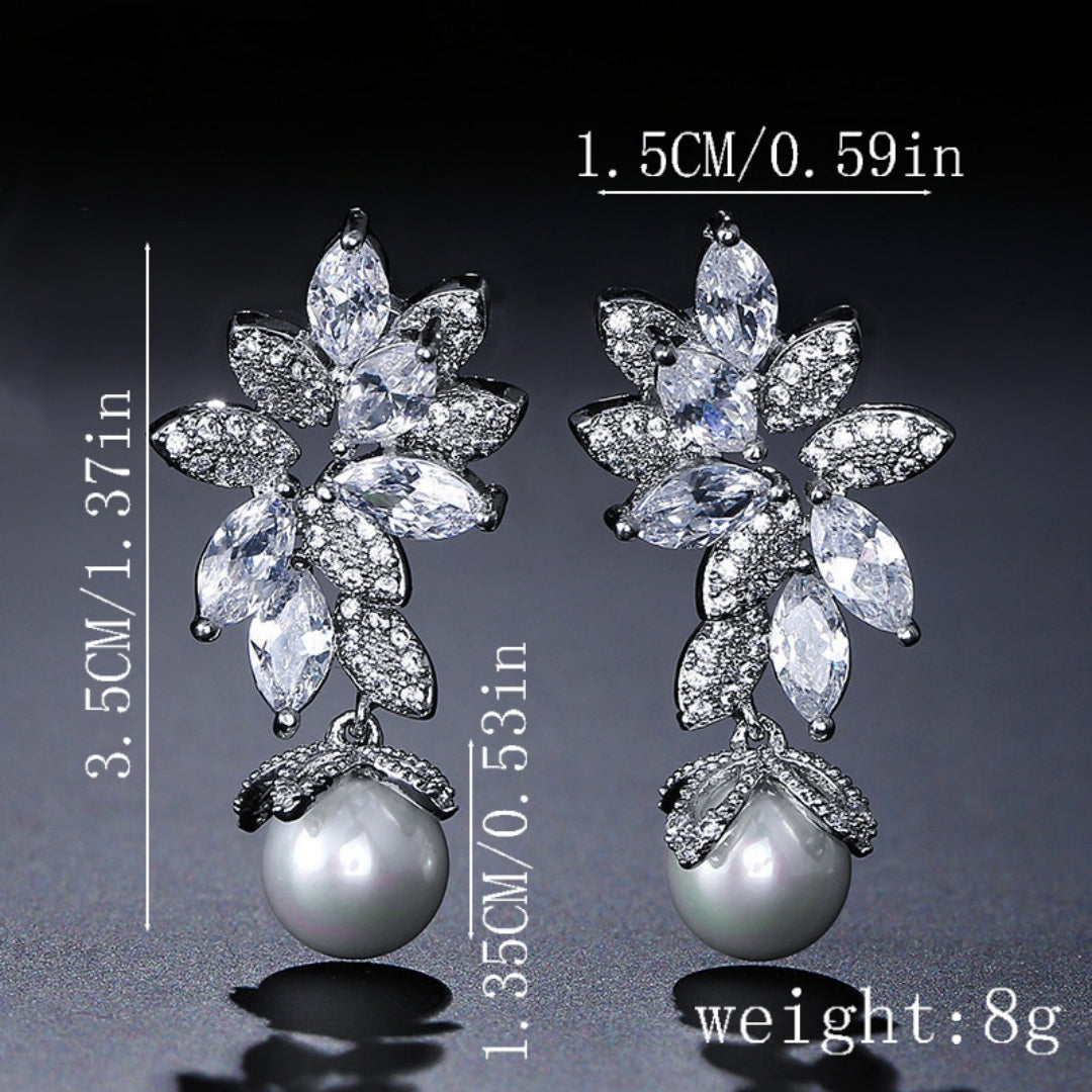 Floral Crystal Pearl Drop Earrings Bridal Leaf Design Silver Rose Gold Elegant Wedding Earrings
