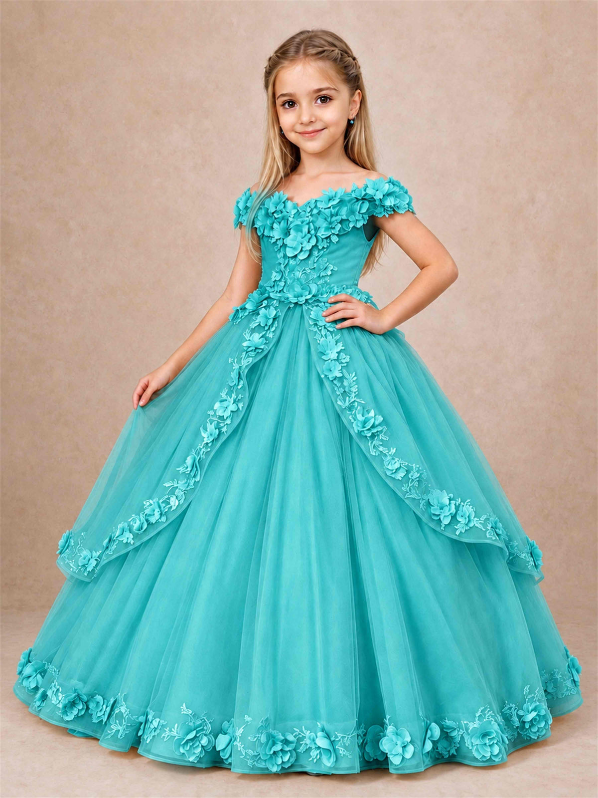 Girls Pageant Dresses Off Shoulder 3D Floral Tulle Long Ball Gown for Wedding Flower Girl