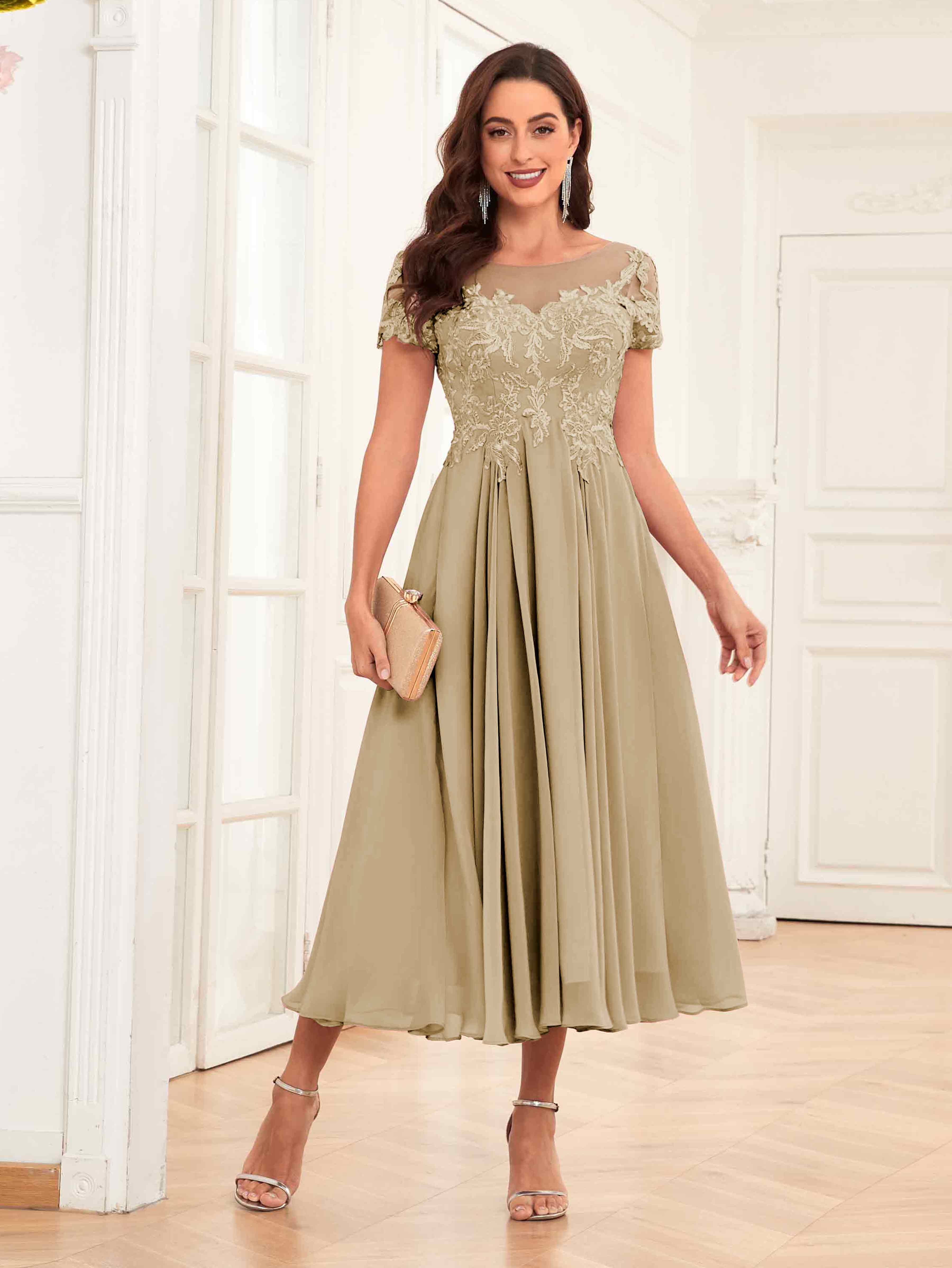 mother of the bride tea length dresses Traelithra Charming Illusion Ruffles Lace Tea Length Chiffon Mother of the Bride Dresses, Daffodil