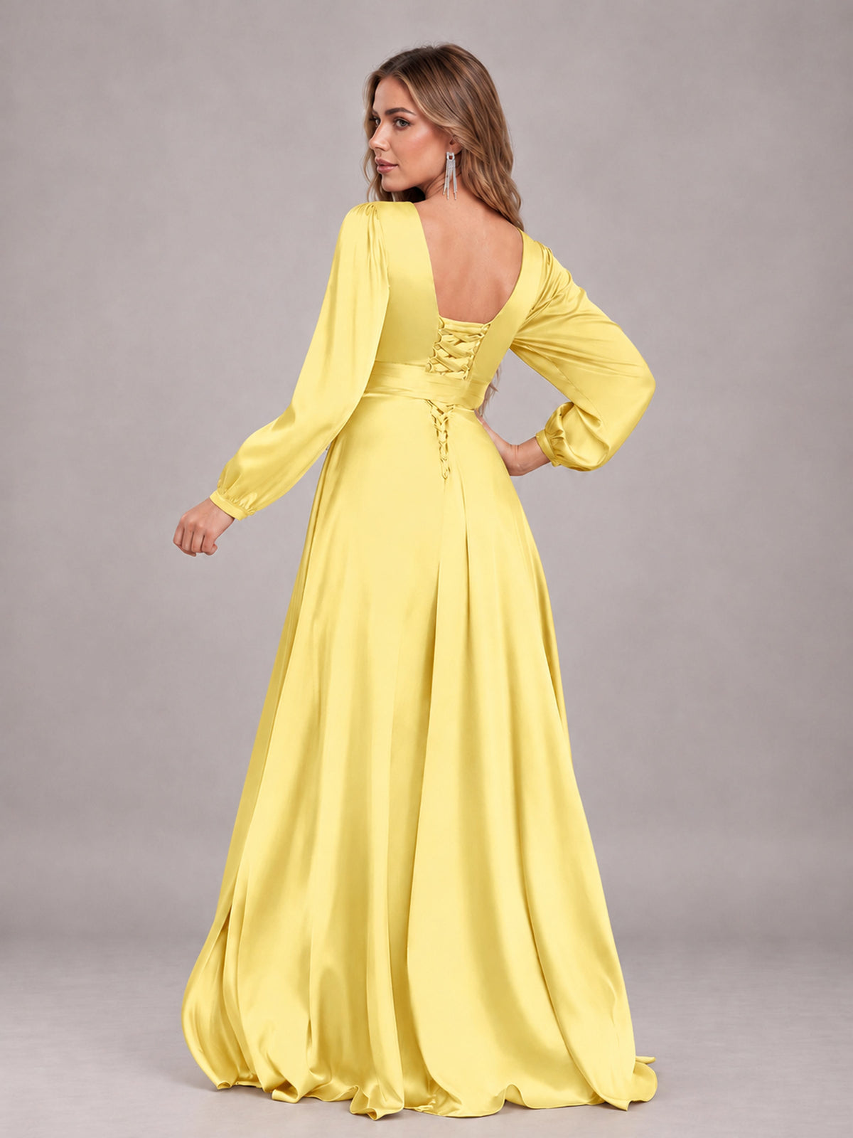 Yellow Gorgeous V-Neck Long Sleeves Pleated Satin Formal Bridesmaid Dresses With Slit