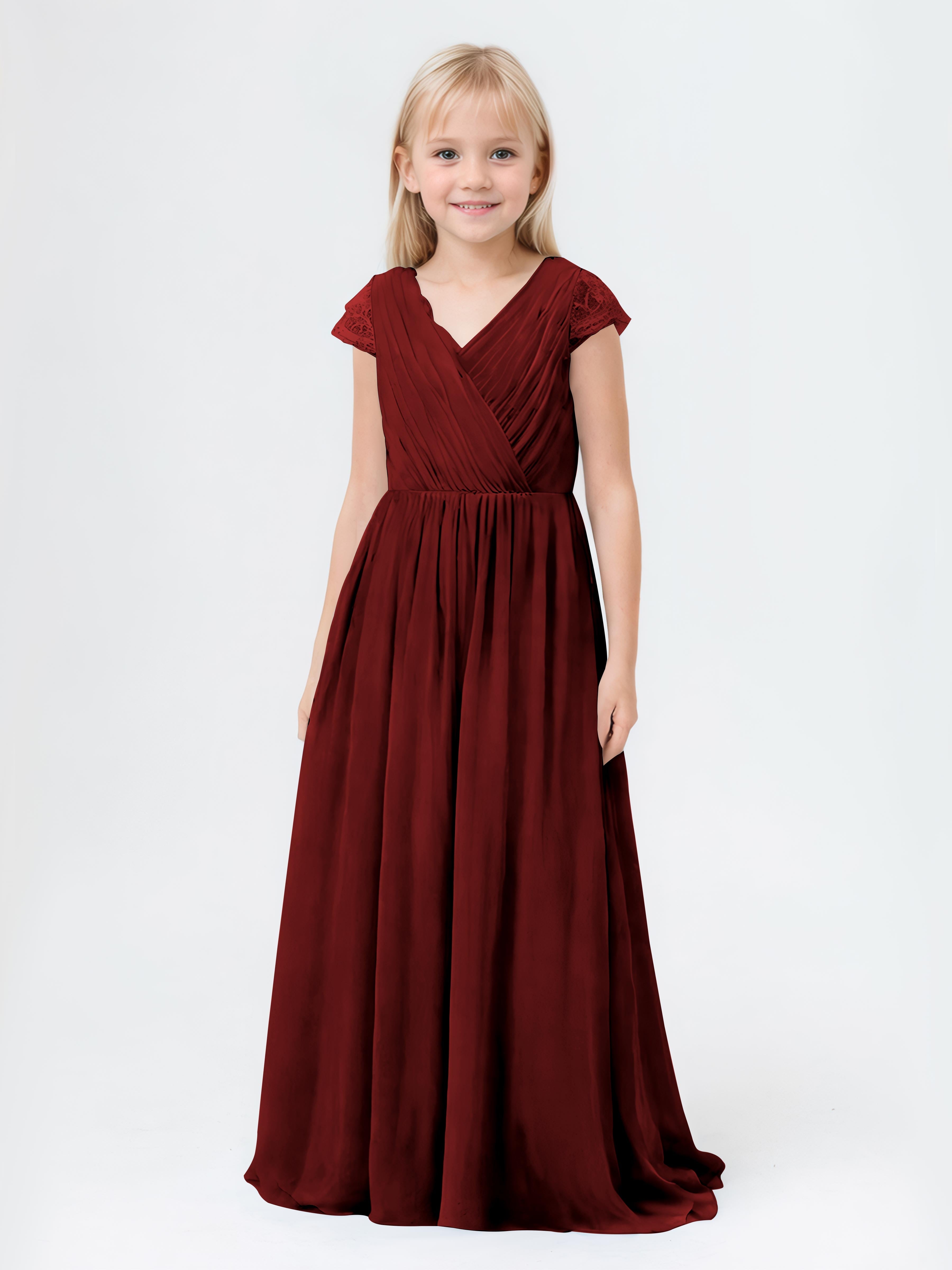 Graceful A-Line V-Neck Cap Sleeves Chiffon Long Junior Bridesmaid Dres