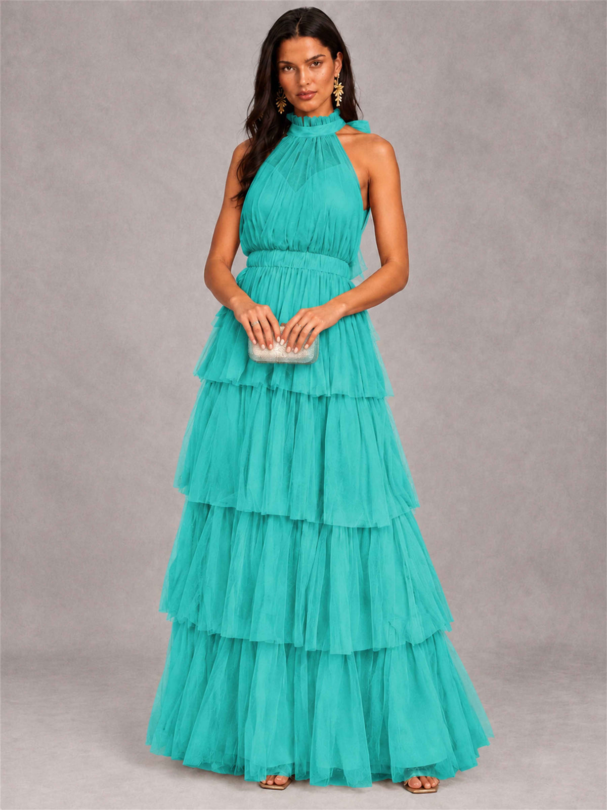 High Neck A-Line Tulle Tiered Sleeveless Floor-Length Wedding Guest Dress