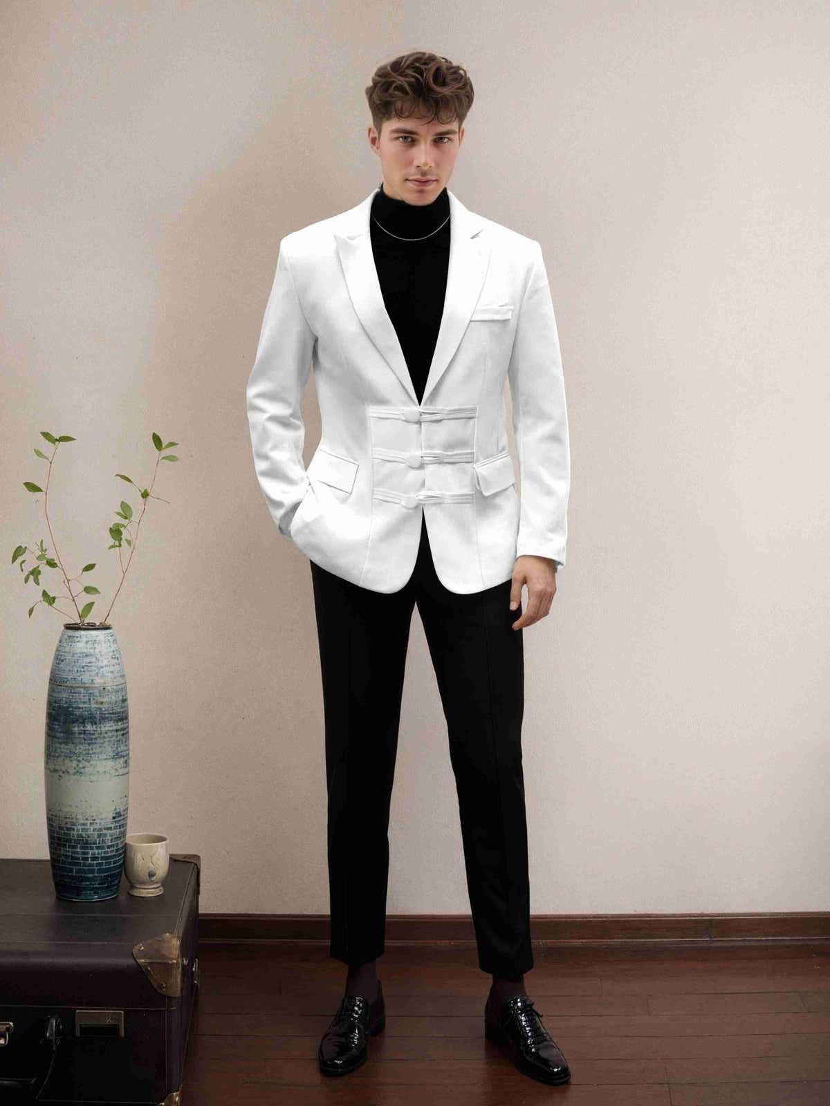 White Men's Suits 2 Pieces Classic Fit Single Breasted Peak Lapel Mandarin Style Suit Elegant Formal Wear for Special