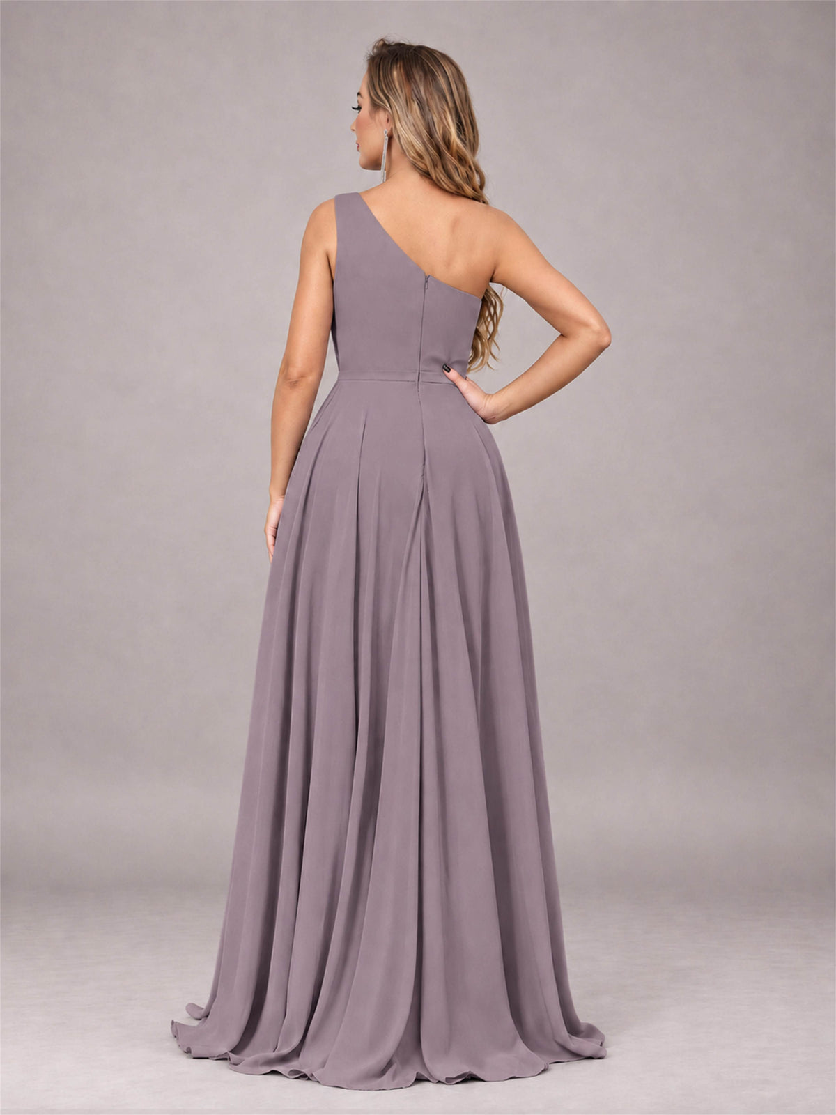 Wisteria Modern One Shoulder Slit Chiffon Bridesmaid Dress with Pockets