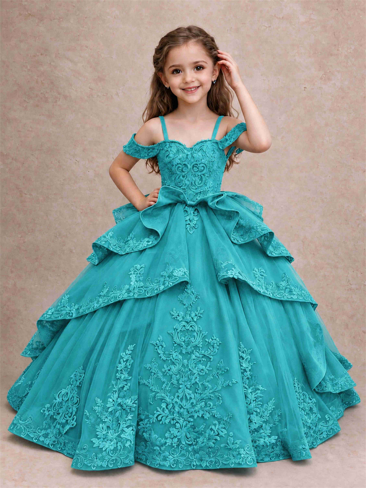 Off Shoulder Girls Pageant Dresses Lace Applique Layered Tulle Princess Ball Gown for Birthday Wedding