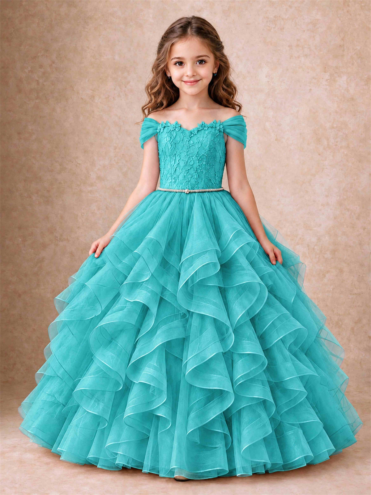 Off Shoulder Ruffle Tulle Girls Pageant Dress Lace Bodice Princess Gown With Pearl Belt