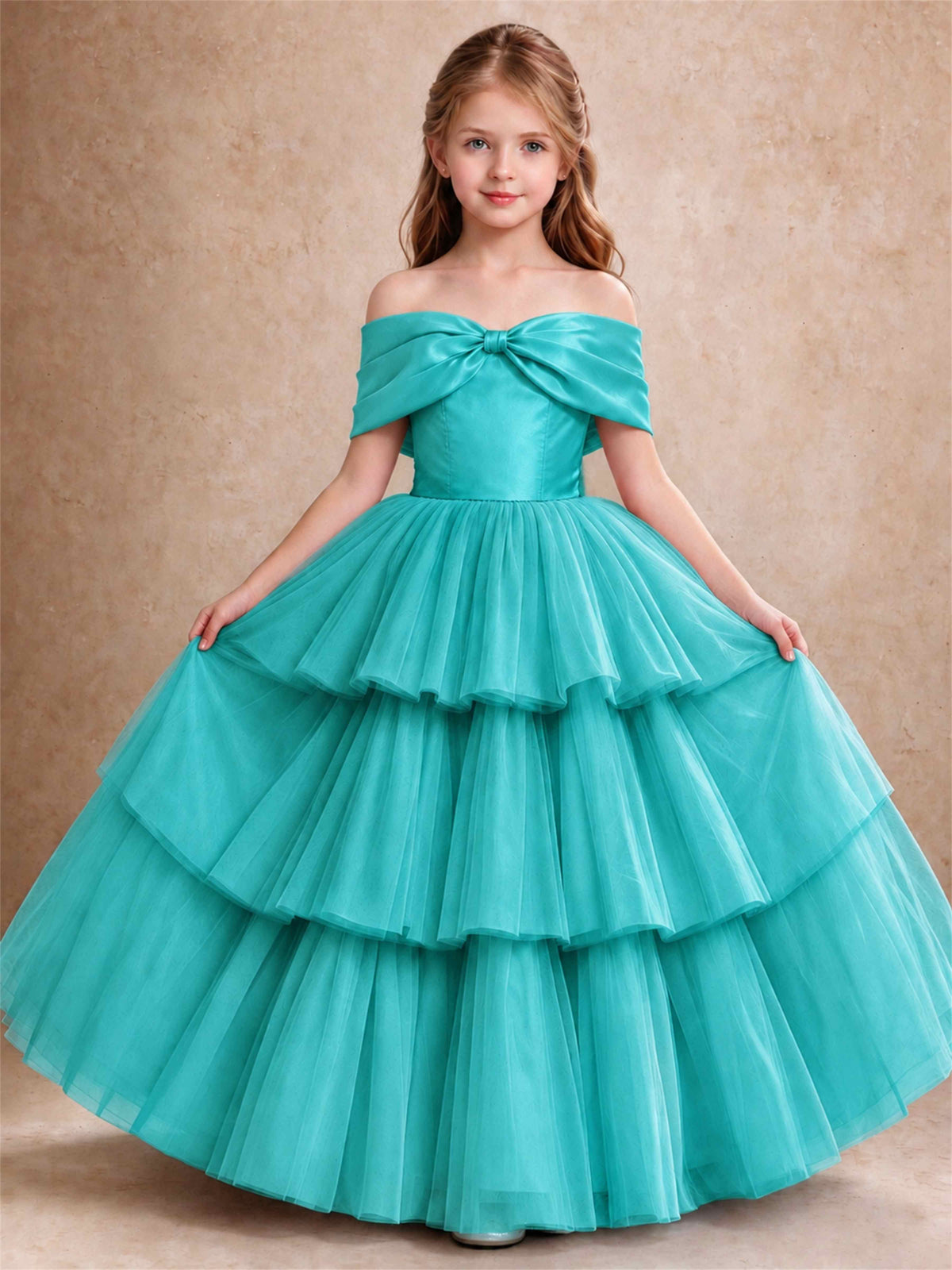 Off Shoulder Satin Bow Flower Girl Dress Tiered Ruffle Tulle Floor Length Wedding Pageant Gown