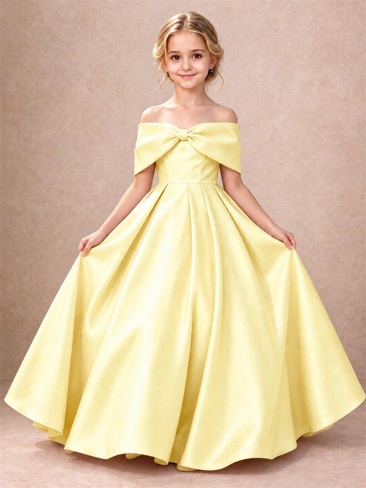 Off Shoulder Satin Flower Girl Dress Bow Detail Ball Gown for Wedding Pageant