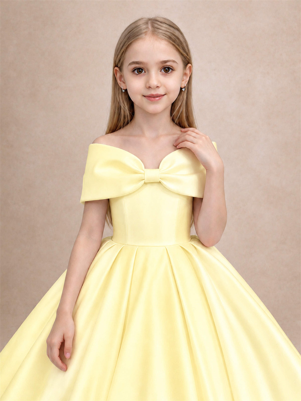 Off Shoulder Satin Flower Girl Dress with Bow Floor Length Princess Gown for Wedding First Communion