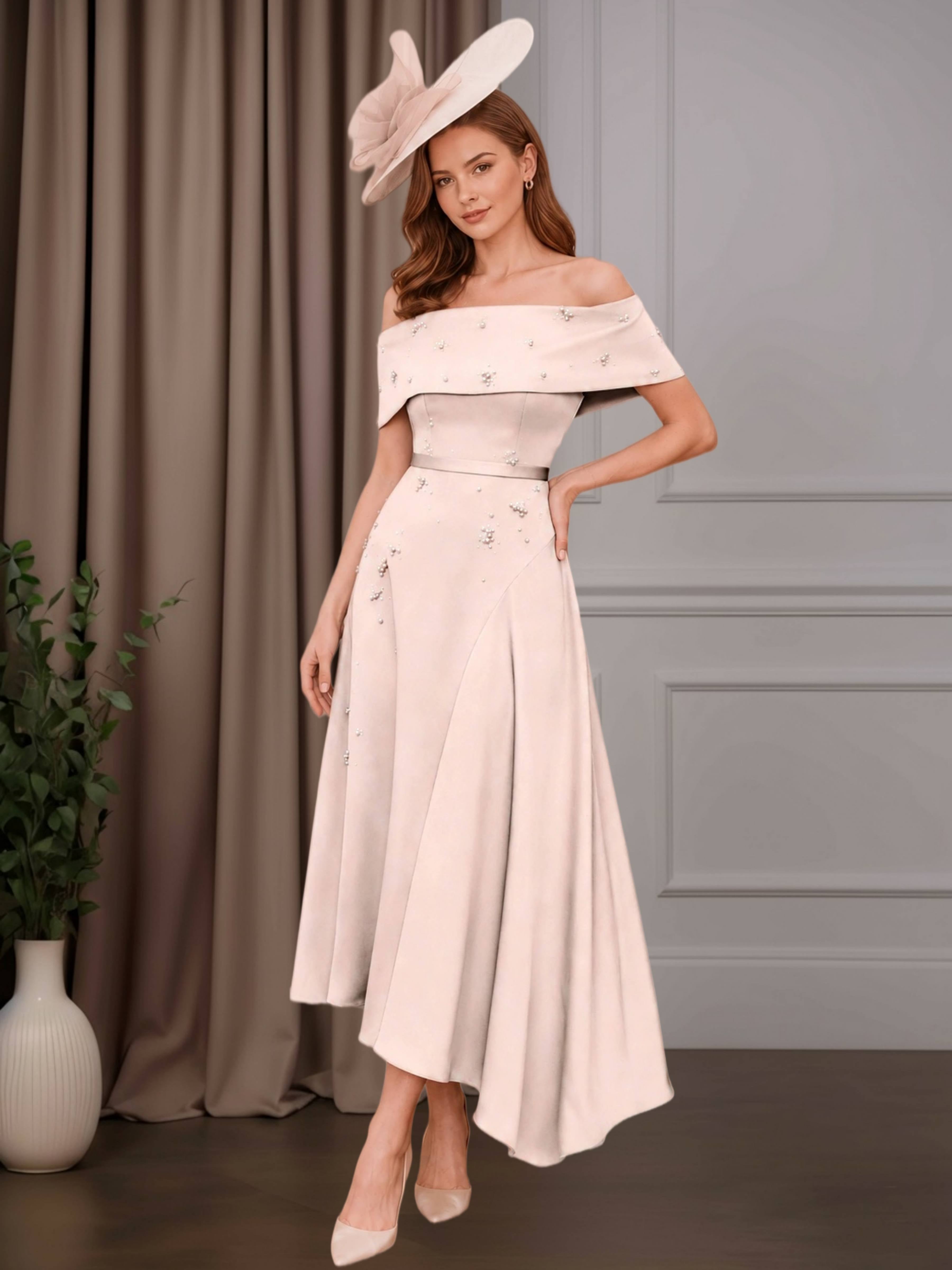 Off-the-Shoulder Beaded A-Line Tea-Length Mother of the Bride Dress wi –