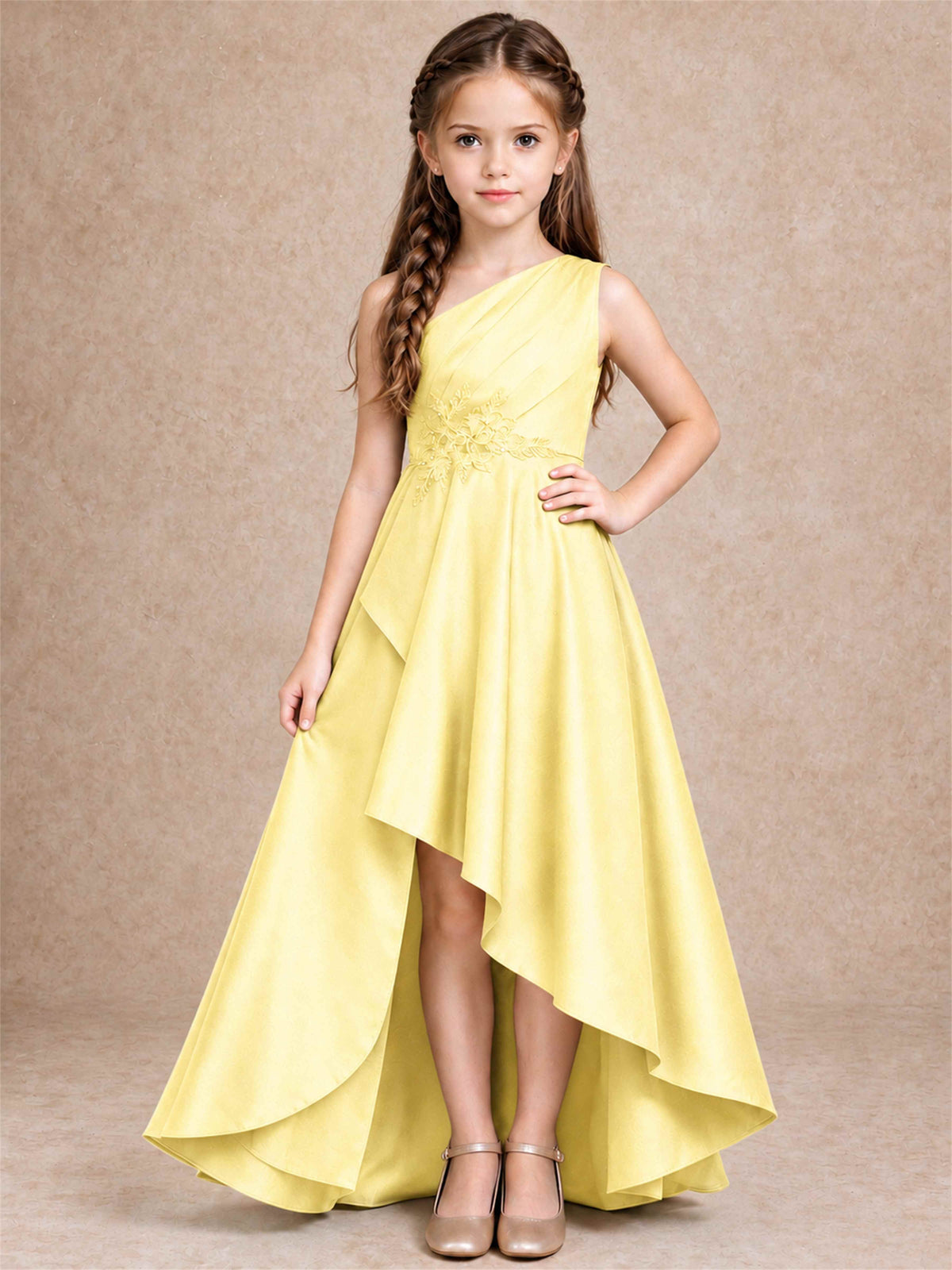 One Shoulder Satin Junior Bridesmaid Dress Lace Applique High Low Wedding Gown