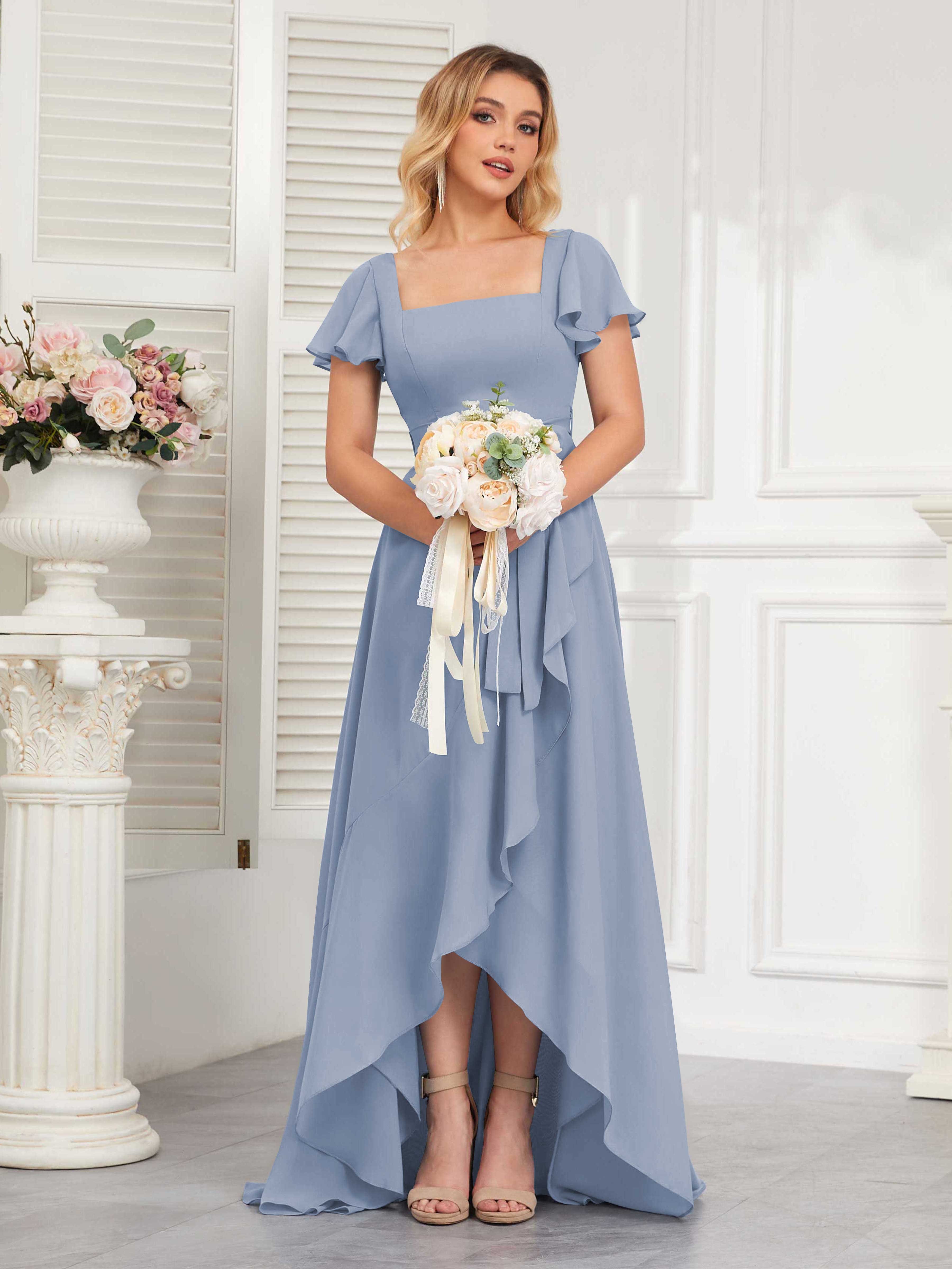 Refined High Low Ruffles Chiffon Bridesmaid Dresses with Belt