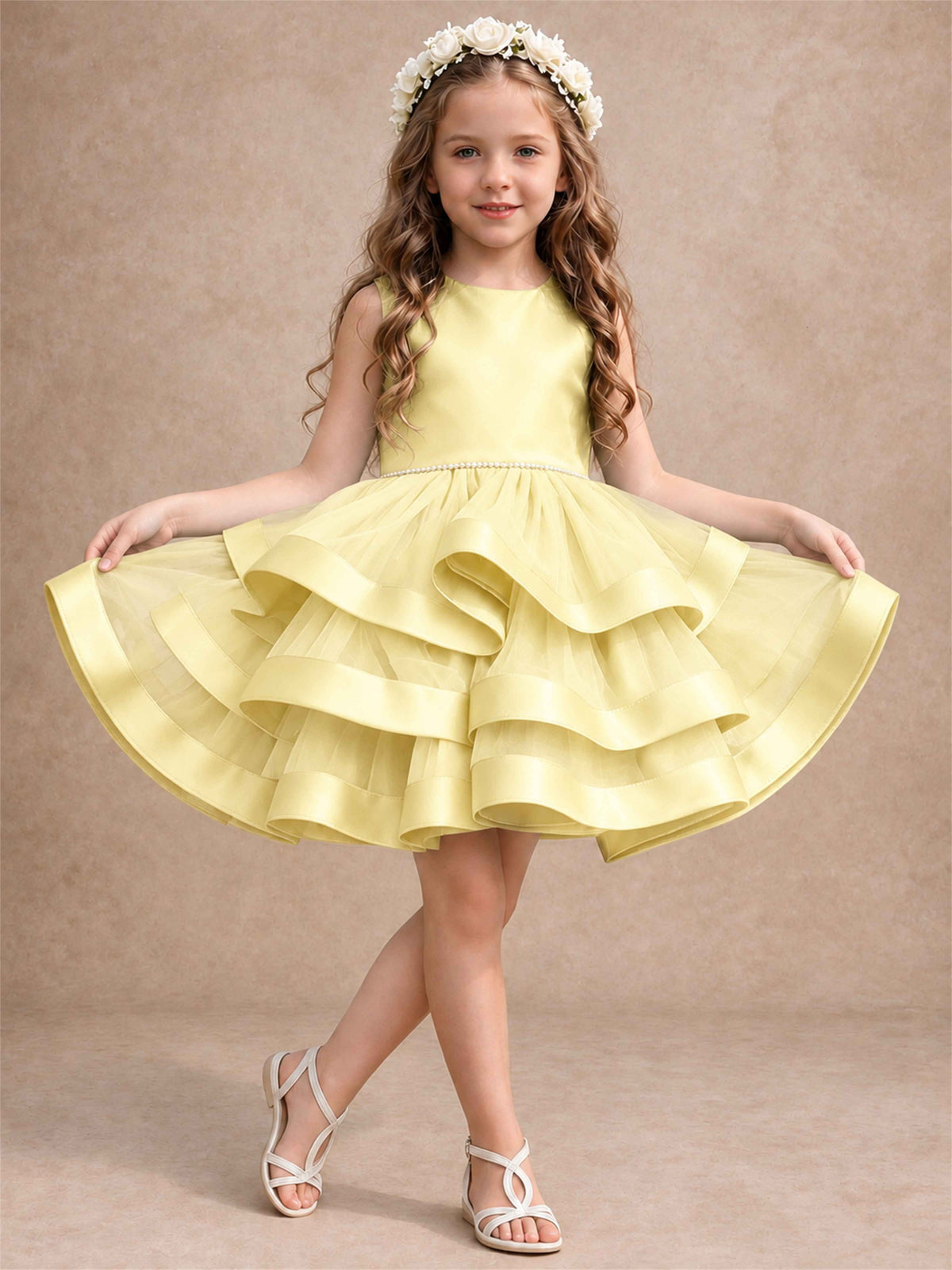 Satin Tulle Flower Girl Dress Tiered Ruffle Skirt Pearl Waist Back Bow Wedding Gown