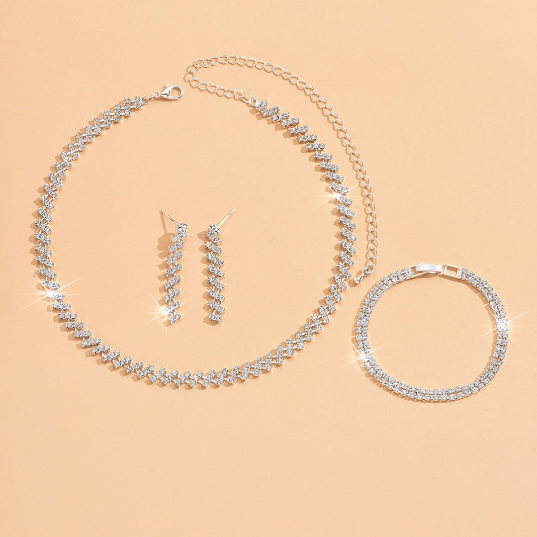 3 Set Silver Crystal Bridal Jewelry Set with Rhinestone Necklace, Earrings, Bracelet for Weddings
