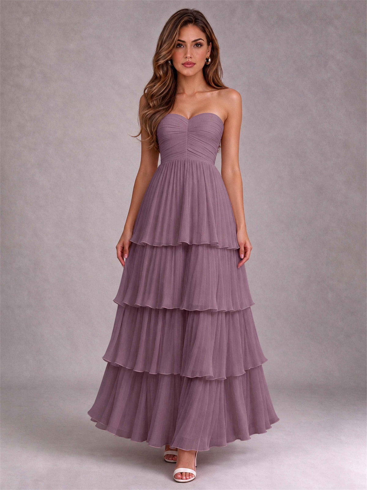 Strapless A-Line Chiffon Tiered Pleated Floor-Length Wedding Guest Dress