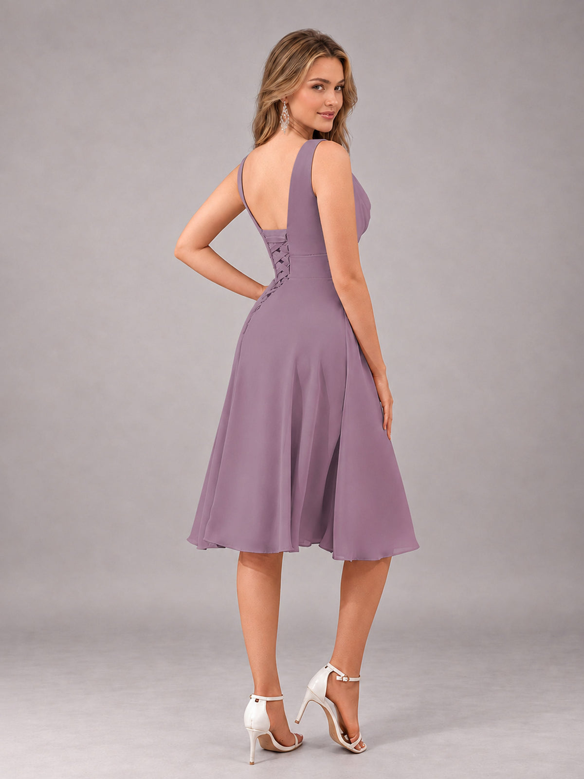 Wisteria Stylish A-Line V-Neck Knee Length Chiffon Bridesmaid Dress