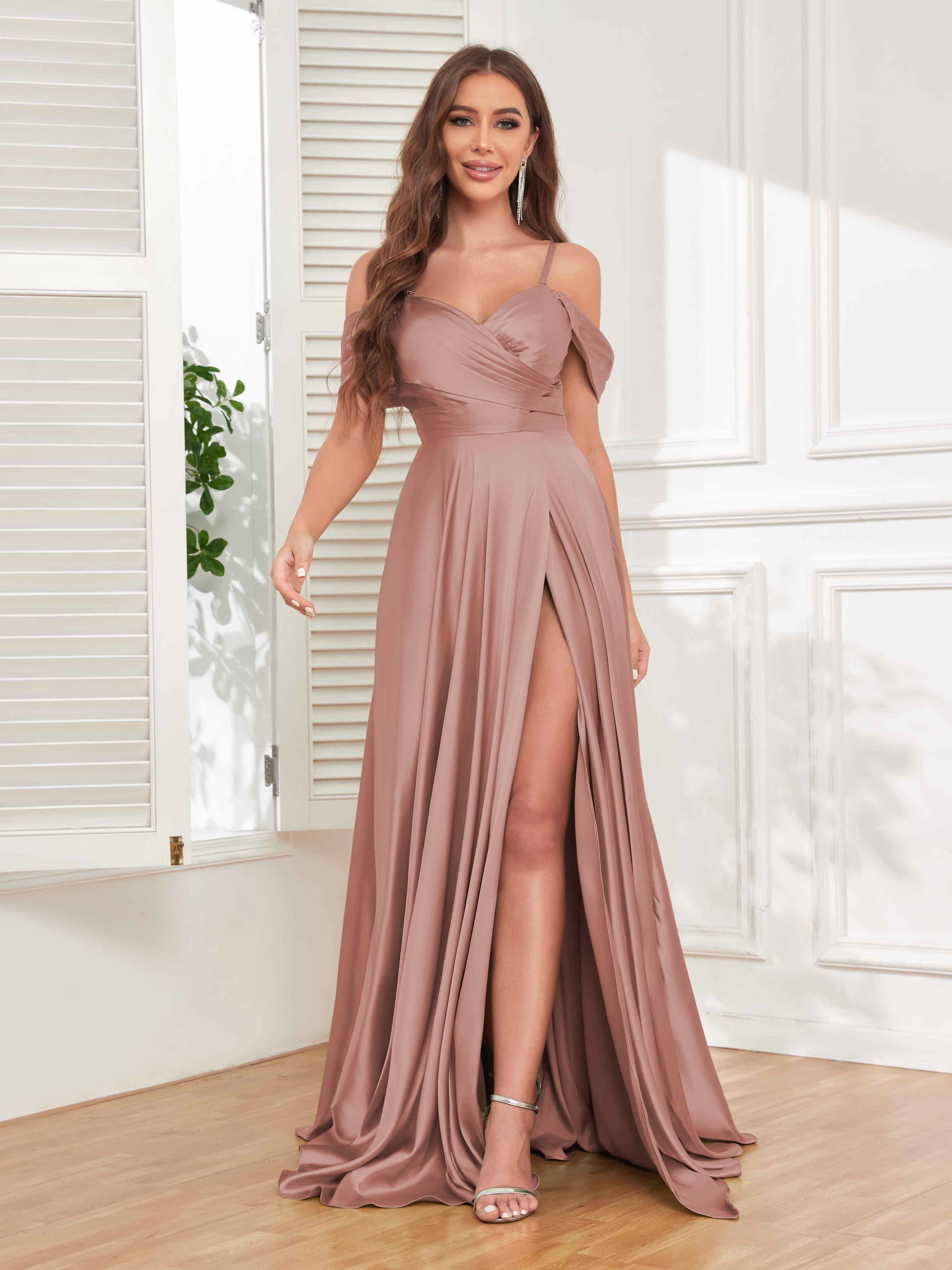 Mulberry Formal Off The Shoulder Floor Length Stretch Satin Formal Dress With Pockets