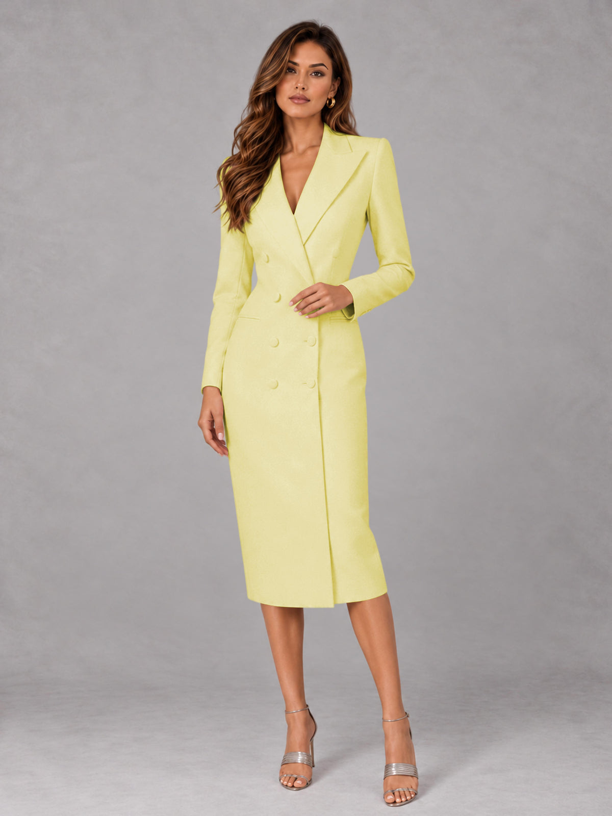 Yellow Tailored Fit Peak Lapel Double Breasted Tea-Length Women's Blazer