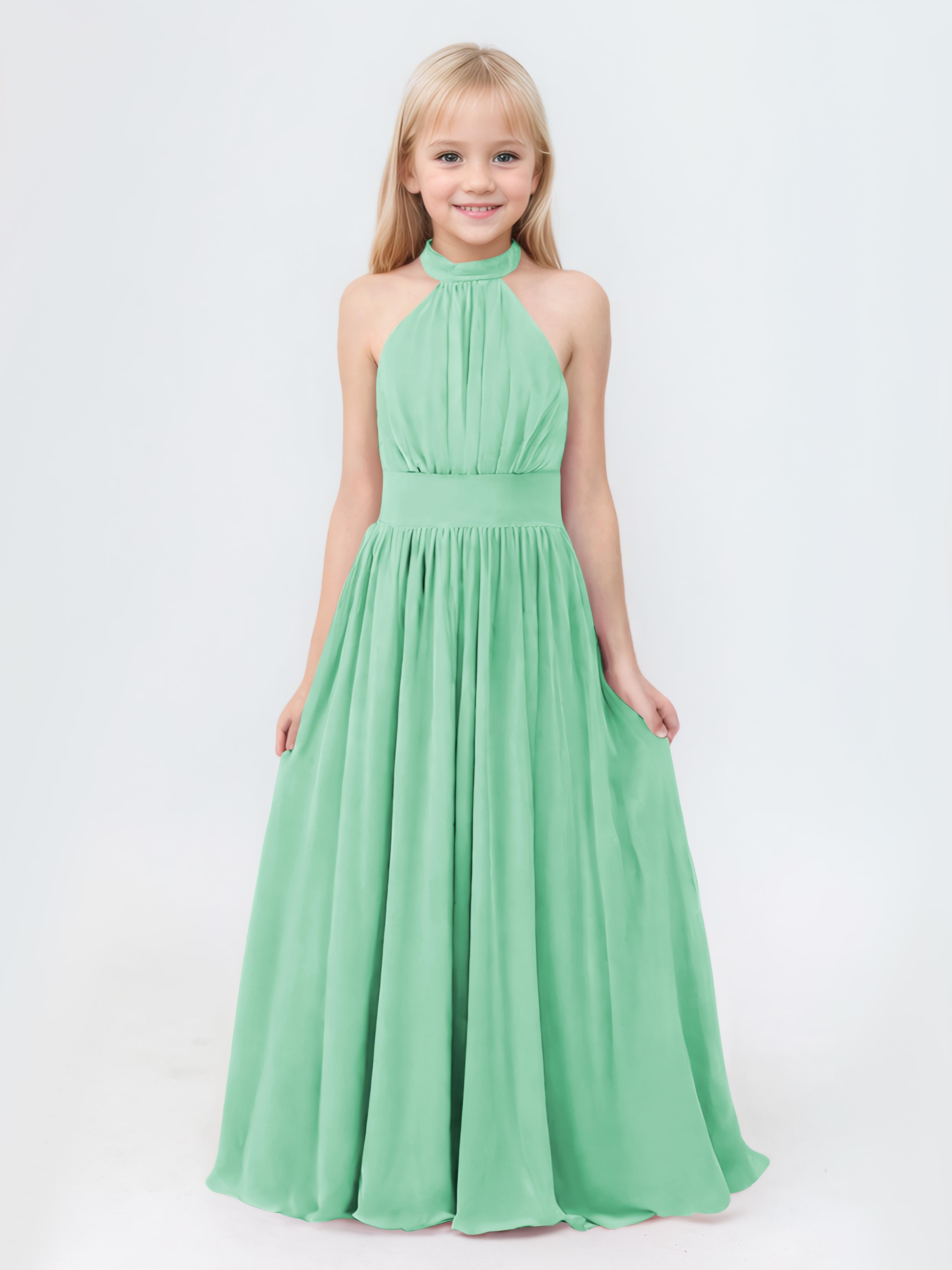 Pleated Lace Chiffon Long Junior Bridesmaid Gown Sage
