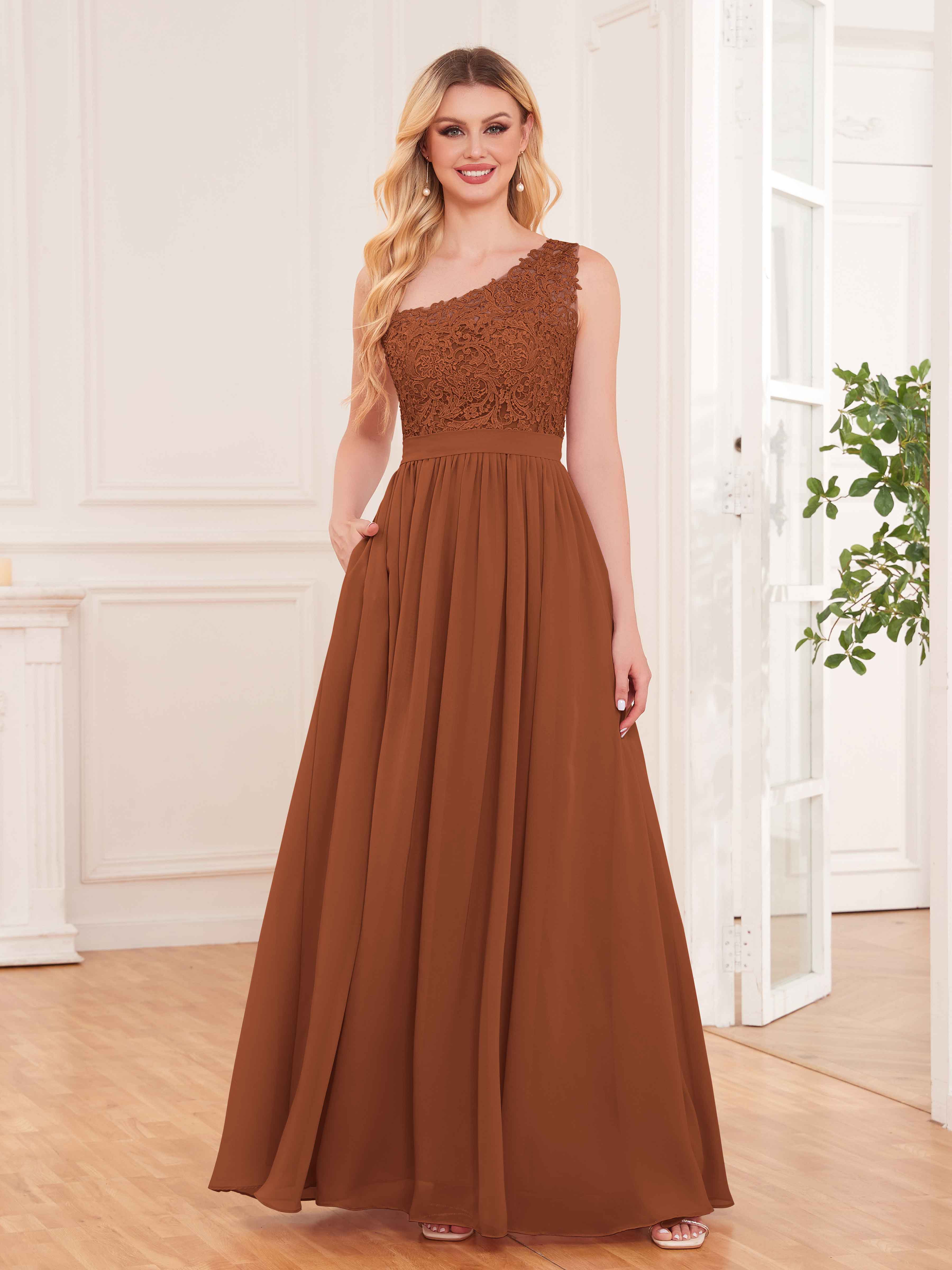 Trendy Lace Appliques One Shoulder Chiffon Bridesmaid Dresses With Poc –  mollyevers.com