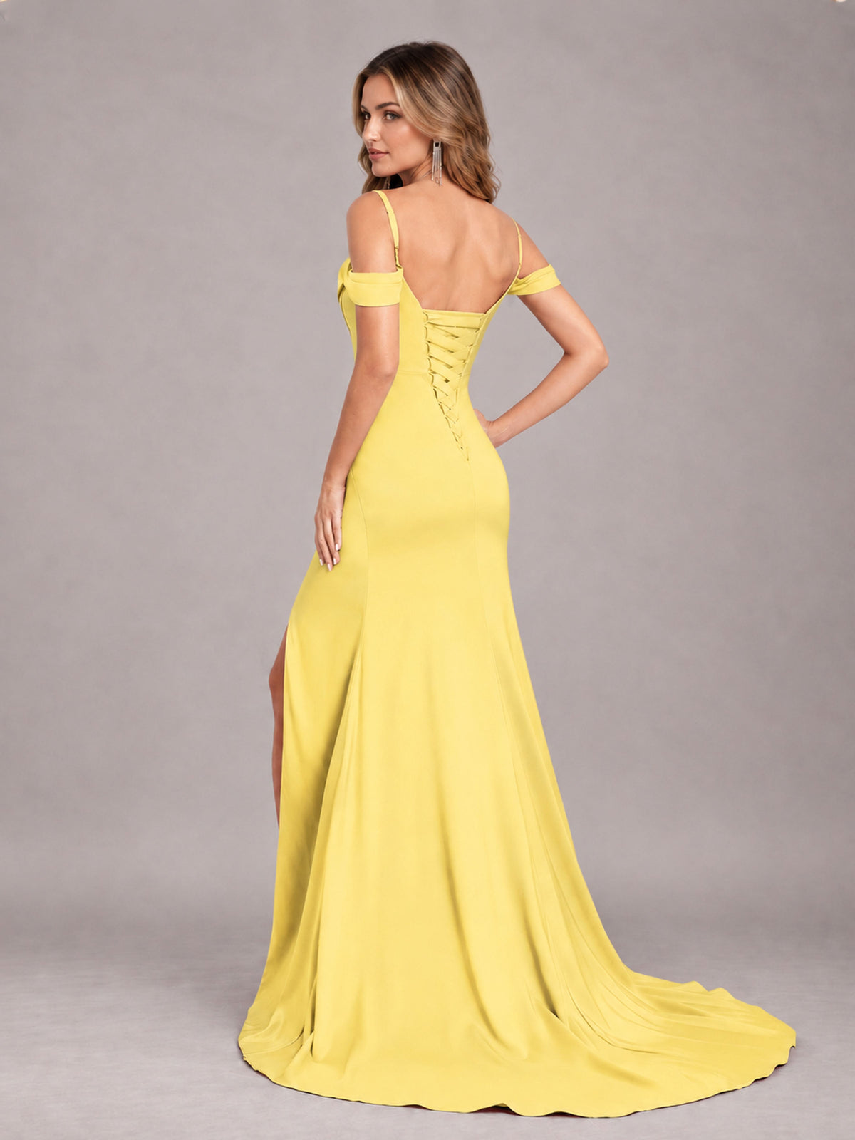 Yellow Trendy Spaghetti Straps Off The Shoulder Sweep Train Satin Bridesmaid Dress