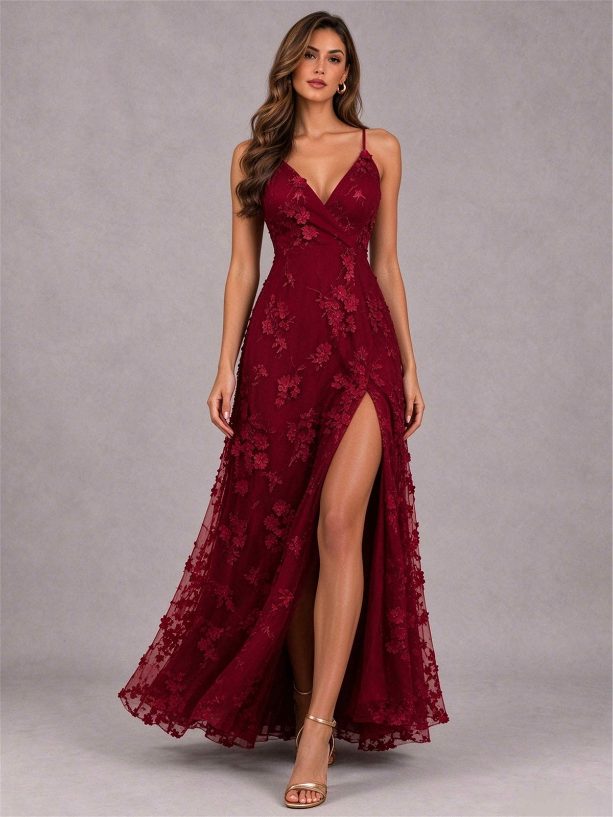 Burgundy V-Neck A-Line Lace Appliques Sleeveless Wedding Guest Dress with Split Side