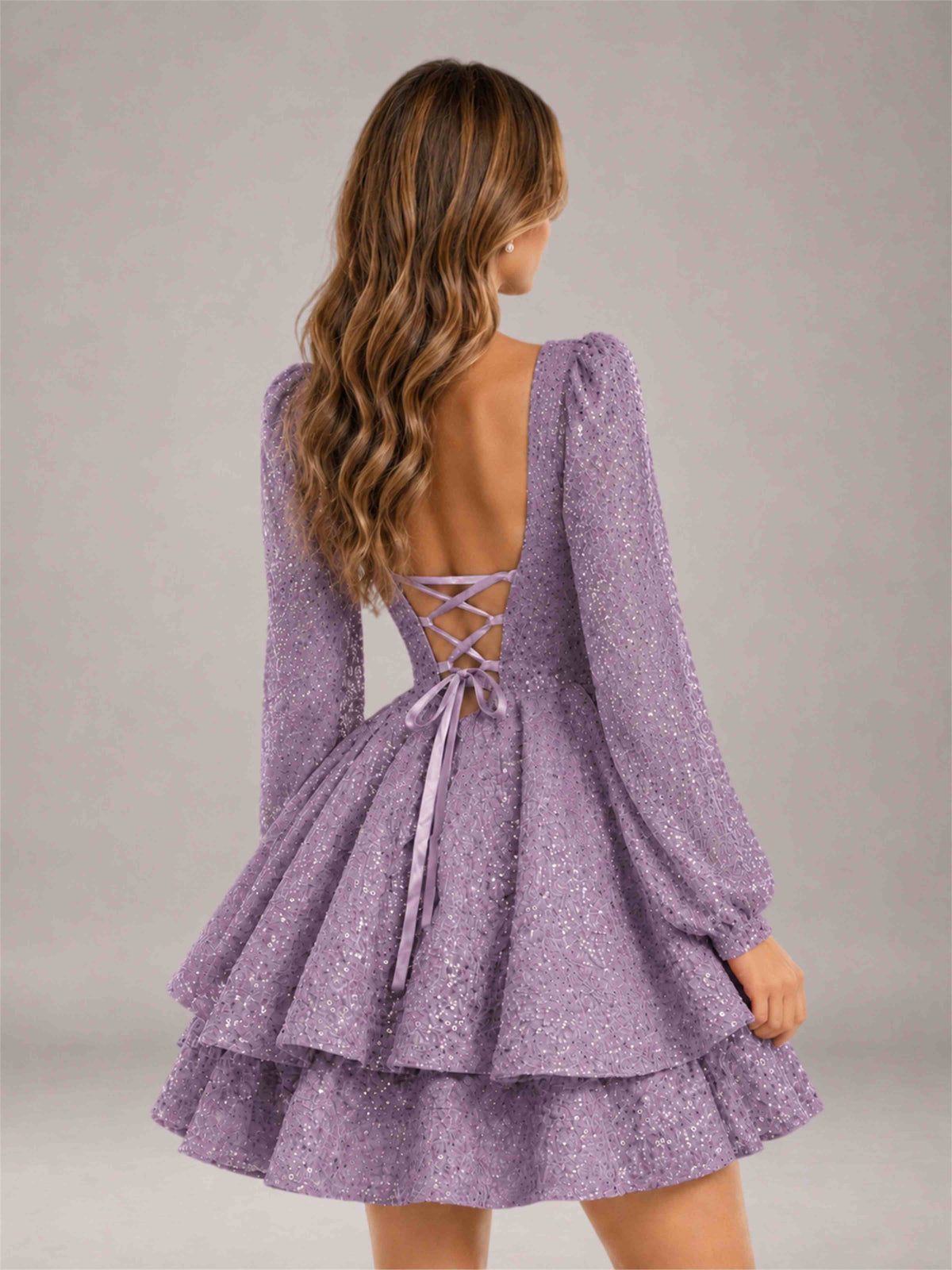 Vintage Mauve Velvet Sequin Square Neck Long Sleeves Mini Homecoming Dress