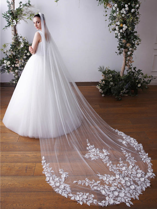Lace Cut Edge Single Tier Tulle Bridal Cathedral Length Wedding Veils