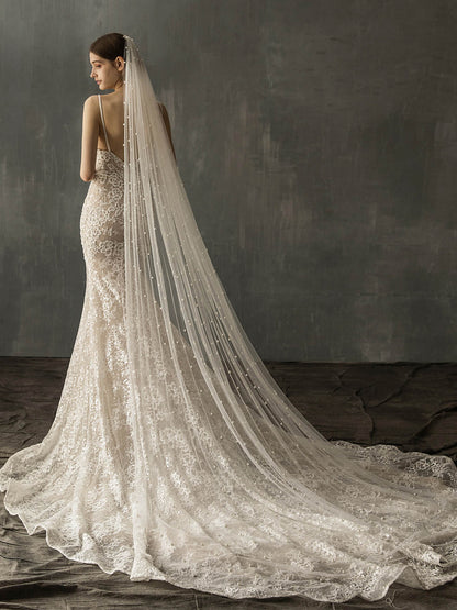 Pearl Cut Edge Single Tier Tulle Bridal Cathedral Length Wedding Veils