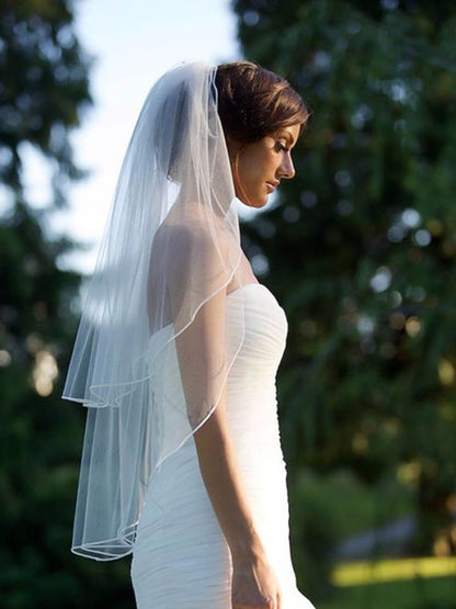 Simple Pencil Edge Two Tier Tulle Bridal Fingertip Length Wedding Veils