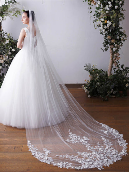 Lace Cut Edge Single Tier Tulle Bridal Cathedral Length Wedding Veils