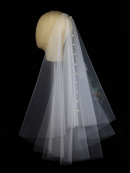 Pearl Cut Edge Two Tier Tulle Bridal Fingertip Length Wedding Veils With Blusher