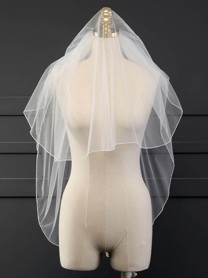 Simple Pencil Edge Two Tier Tulle Bridal Fingertip Length Wedding Veils