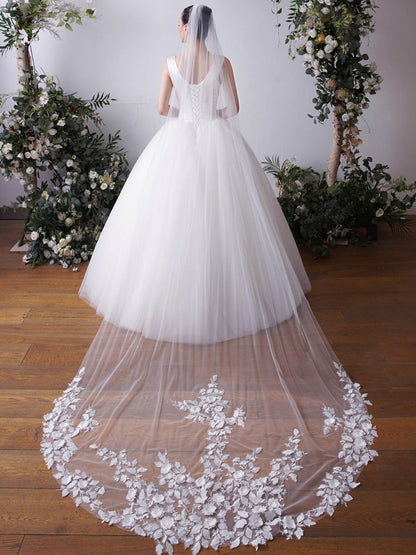 Lace Cut Edge Single Tier Tulle Bridal Cathedral Length Wedding Veils