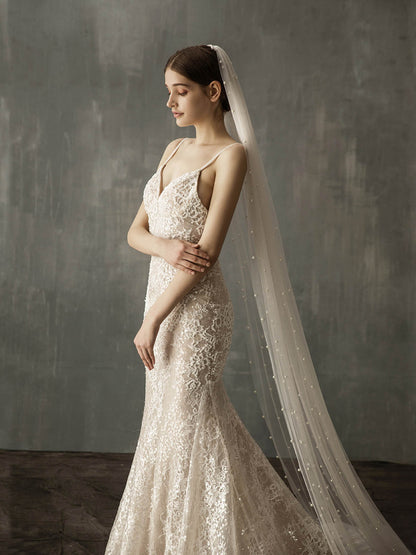 Pearl Cut Edge Single Tier Tulle Bridal Cathedral Length Wedding Veils