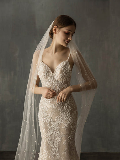 Pearl Cut Edge Single Tier Tulle Bridal Cathedral Length Wedding Veils