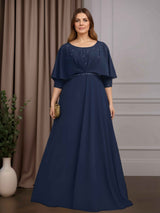 A-Line/Princess Scoop Neck Half Sleeves Floor-Length Plus Size Mother of the Bride Dresses with Pleated & Beading