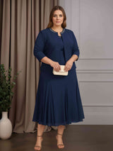 3 Pieces A-Line/Princess Scoop Neck Tea-Length Plus Size Mother of the Bride Dresses with Beading & Jacket