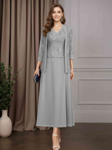 2 Pieces A-Line/Princess V-Neck 3/4 Length Sleeves Tea-Length Mother of the Bride Dresses with Jacket & Sequins
